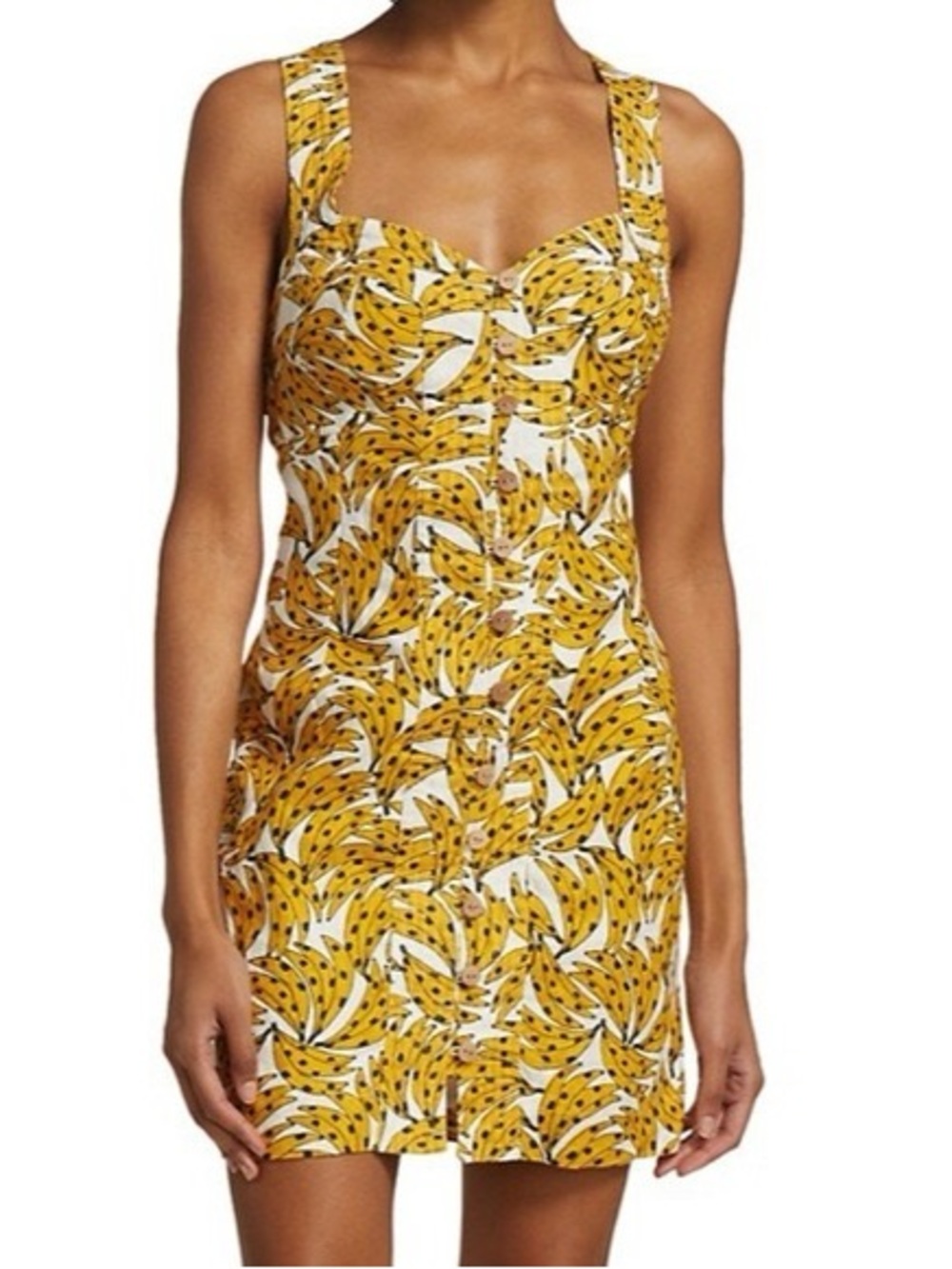 FARM RIO Yellow Spotted Bananas Mini Dress Size L Linen NWOT